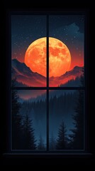 Wall Mural - Moonlit Mountains: A Scenic View Through a Window