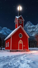 Poster - Snowy Red Church Under Starry Night Sky