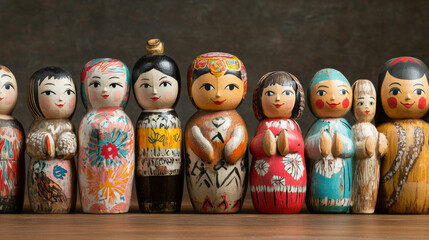 Wall Mural - Highlight dolls from various cultures, like Japanese kokeshi, Russian matryoshka, African tribal, and Native American corn husk dolls, celebrating their cultural significance and craftsmanship.