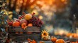 © gita - A rustic wooden crate filled with a variety of autumn fruits and a flower, against a blurry background of autumn leaves.
