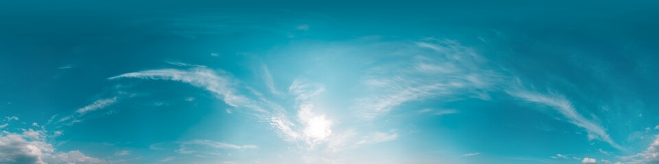 Wall Mural - Sky 360 panorama - Bright blue sky filled with fluffy white Cirrus clouds. Seamless hdr spherical 360 panorama. Sky dome sky replacement for aerial drone 360 panoramas. Weather and climate change