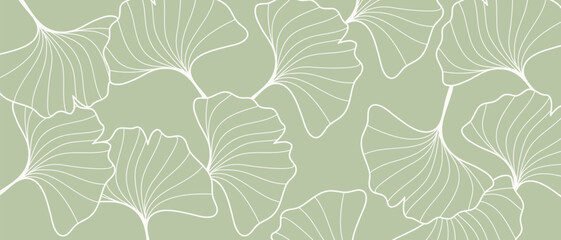Wall Mural - Abstract foliage line art vector background. Leaf wallpaper of tropical leaves, ginkgo leaf, plants in hand drawn pattern on green background . Vector illustration