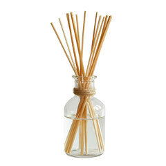 a glass bottle of reed diffuser with wooden sticks. the bottle is filled with a clear liquid. the st