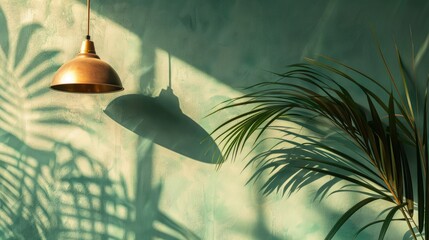 Wall Mural - stylish flat lay featuring palm leaf shadow on green wall with trendy lighting