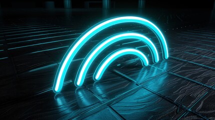 A neon cyan Wi-Fi icon, radiating a high-tech aura on a sleek black floor, isolated on a black background. 3D Render.