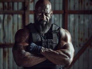 Wall Mural - Medium shot of A huge muscular bald black special forces soldier with a beard in a bulletproof vest and black fingerless gloves, themed background 