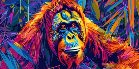 Wall Mural - Colorful Orangutan in Jungle Illustration