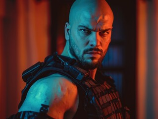 Wall Mural - Medium shot of A huge muscular bald black special forces soldier with a beard in a bulletproof vest and black fingerless gloves, themed background 