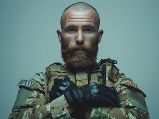 Wall Mural - Medium shot of A huge muscular bald black special forces soldier with a beard in a bulletproof vest and black fingerless gloves, themed background 