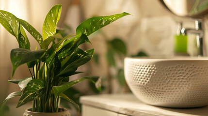 Wall Mural - Close-up of a stylish bathroom plant in a decorative pot with detailed leaves