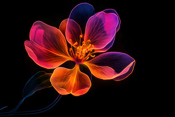 Wall Mural - Vibrant neon silhouette of a medlar flower isotated on black background.