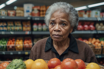 Upset elderly African American woman in a supermarket. Crises, rising prices for goods and products. Senior Afro woman looks shocked in a grocery supermarket price increase and inflation