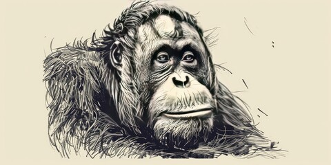 Wall Mural - Orangutan Face in Detailed Illustration