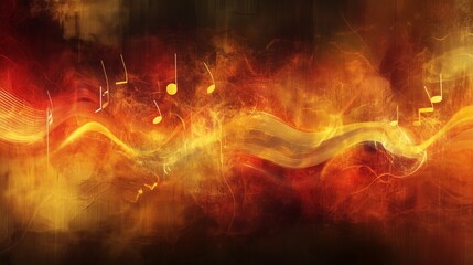 Wall Mural - Abstract visuals showcase musical notes floating in a vibrant, fiery backdrop