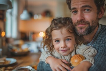 Family moment - Father hugging daughter at breakfast, Generative AI