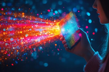 Close up of female hand holding cellphone with creative social media ad hologram with loud speaker and text on dark blue background. SMM and marketing, Generative AI