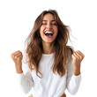© Jaruwan photo - Happy Excited Woman Celebrating Success with Joyful Expression and Raised Fists, Perfect for Concepts of Happiness, Success, and Positive Emotions in a Bright and Cheerful Setting
