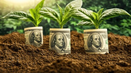 A unique image depicting money growing as plants, symbolizing financial growth and investment opportunities in a natural setting.