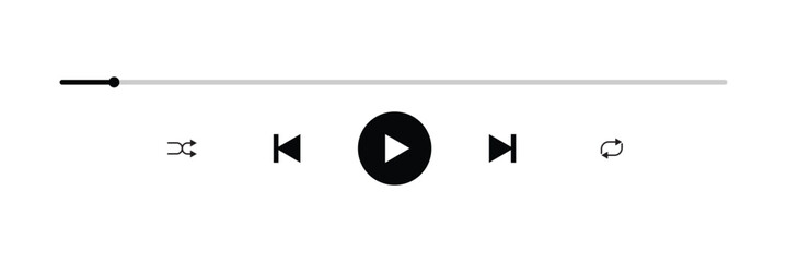 Music or video play bar icon. Audio player for songs or podcast playlist. Play, shuffle, repeat, rewind and fast forward buttons. Template of media player playback panel interface. EPS file 53.