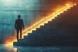 © Visual Vortex - Side view of young business man climbing illuminated arrow stairs to success on concrete wall background in interior. Financial growth, career development and forward, Generative AI