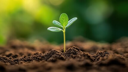 Close-up of a lonely green sprout growing from the ground. Hope and growth.