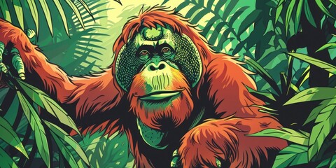 Sticker - Colorful Illustration of Orangutan in Jungle