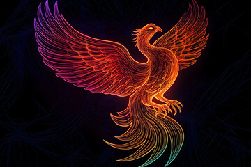 Wall Mural - Neon magical phoenix rising from flames isolated on black background.