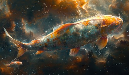 Wall Mural - A large, colorful fish swimming in space among galaxies and stars.