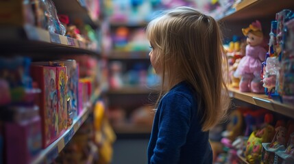 Little kid girl child or toddler in a blue jacket in the market shop choosing female toys, dolls for playing. Gift purchase, retail store shelves, family shopping, kindergarten childhood, present sale