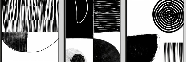 Wall Mural - Hand-painted minimalist abstract art with black and white stain and doodle scribble line pattern. Ideal for wall decorations, postcards, posters, and brochures.