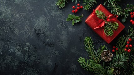 Poster - Christmas gift and thuja branches arrangement on black background with copy space viewed from above