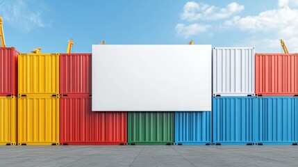 Industrial port landscape, giant billboard on colorful containers, white ad mockup, bustling shipping area, copy space for text, high-resolution photo, realistic photo