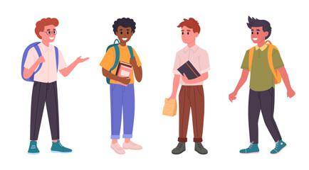 Wall Mural - Male school students. Junior high or middle school boys with backpacks and books, happy friends going to school flat vector illustration set. Male school pupils