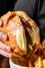 Wall Mural - A close-up of a hand holding a cheeseburger with a sesame seed bun, beef patty, lettuce, and sauce. Crispy fries are visible in the background. Perfect for fast food, dining, or culinary themes.