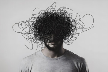 a man with a tangled mass of lines obscuring his face, mental confusion.