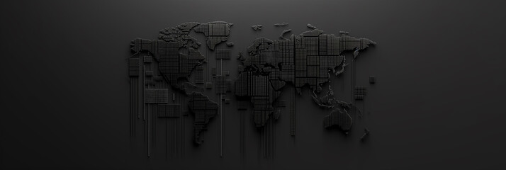 Aufkleber - Black world map made of cubes falling apart on dark background