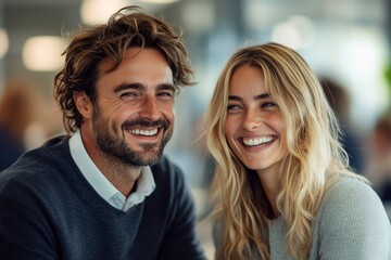 great work relationship between colleagues. two business people laugh together in an office, generat