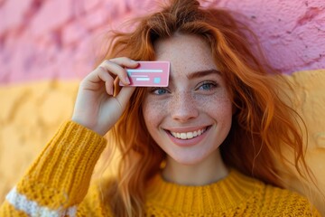 Happy young woman holding a credit card and a smartphone, Generative AI