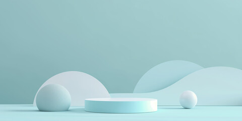 Poster - Minimalist blue cylinder podium displaying product with abstract shapes