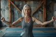 © Kevin - Senior woman stretching her arms in powerful warrior yoga pose, Generative AI