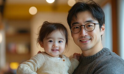 Portrait of a Korean family with parents and their young toddler kid at happy home, Generative AI