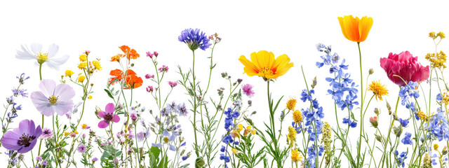 Wall Mural - A row of flowers with a variety of colors including yellow, orange, pink, purple