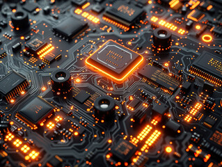 Close-up electronic circuit board. technology style concept. Contemporary Super Computer Processor. Industrial Robotic Manipulator End Effector Holding CPU Chip