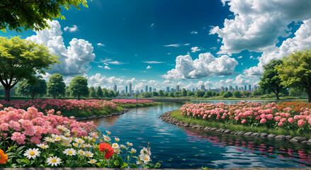 Canvas Print - Natural landscape overlooking the river and flowers