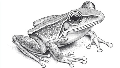 this is a black and white drawing depicting a frog on a clean white background surface