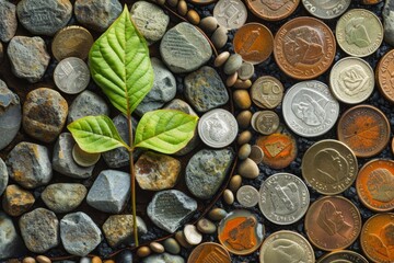 A vibrant green leaf rises from a bed of rocks and coins, representing life and growth in the midst of the ordinary.