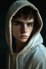 a young man with translucent skin, muscles visible under the skin, eerie, wearing a hooded sweatshirt with the hood pulled up, brooding