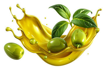 Delicious olive oil splash with fresh leaves, cut out 