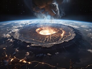 Wall Mural - Majestic volcanic eruption occurring over planet surface at night