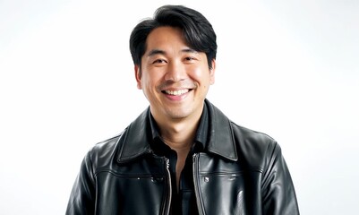 Sticker - Portrait of a happy asian man in leather jacket against white background